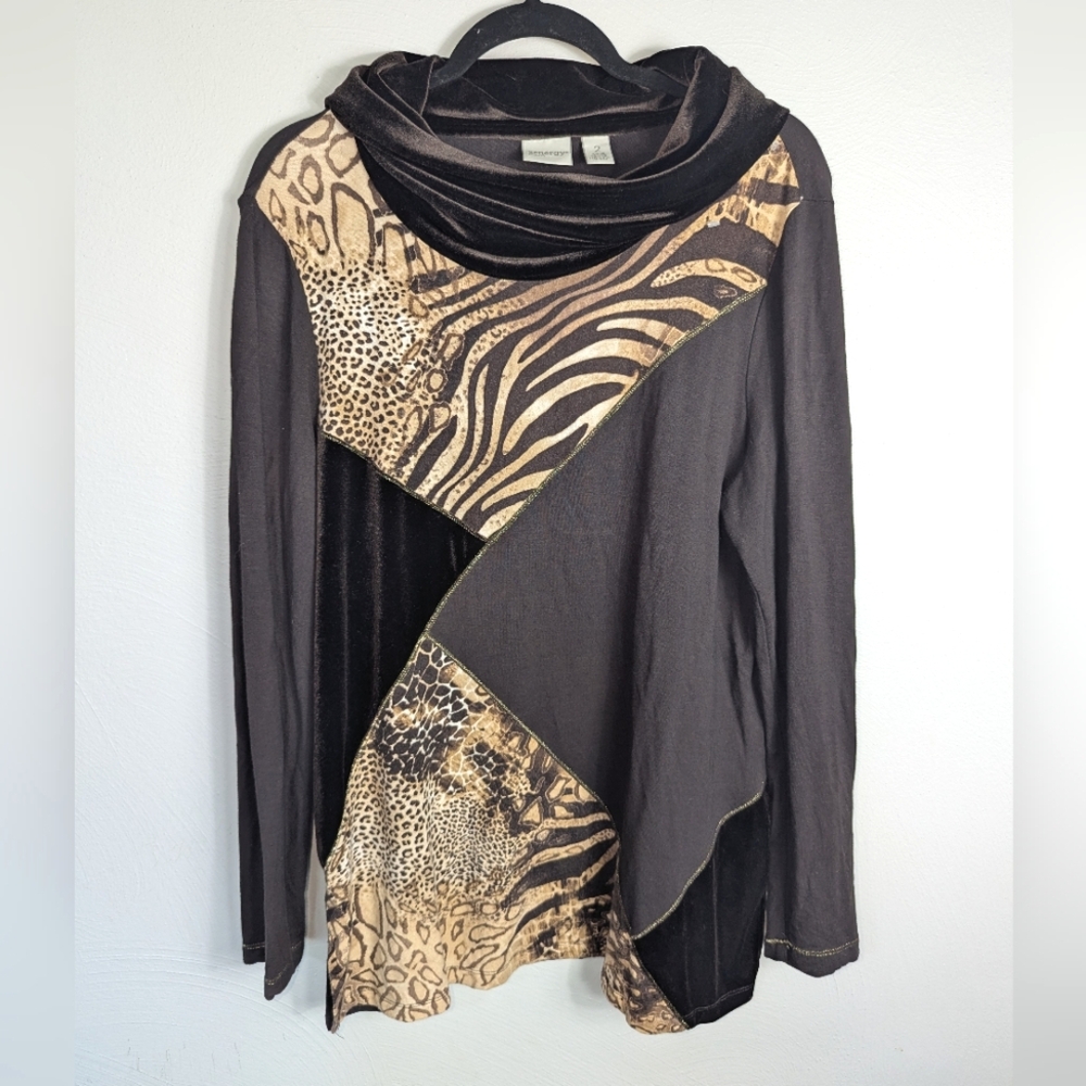 L Chico's Velvet Animal Print Colorblock Cowl Neck Tunic